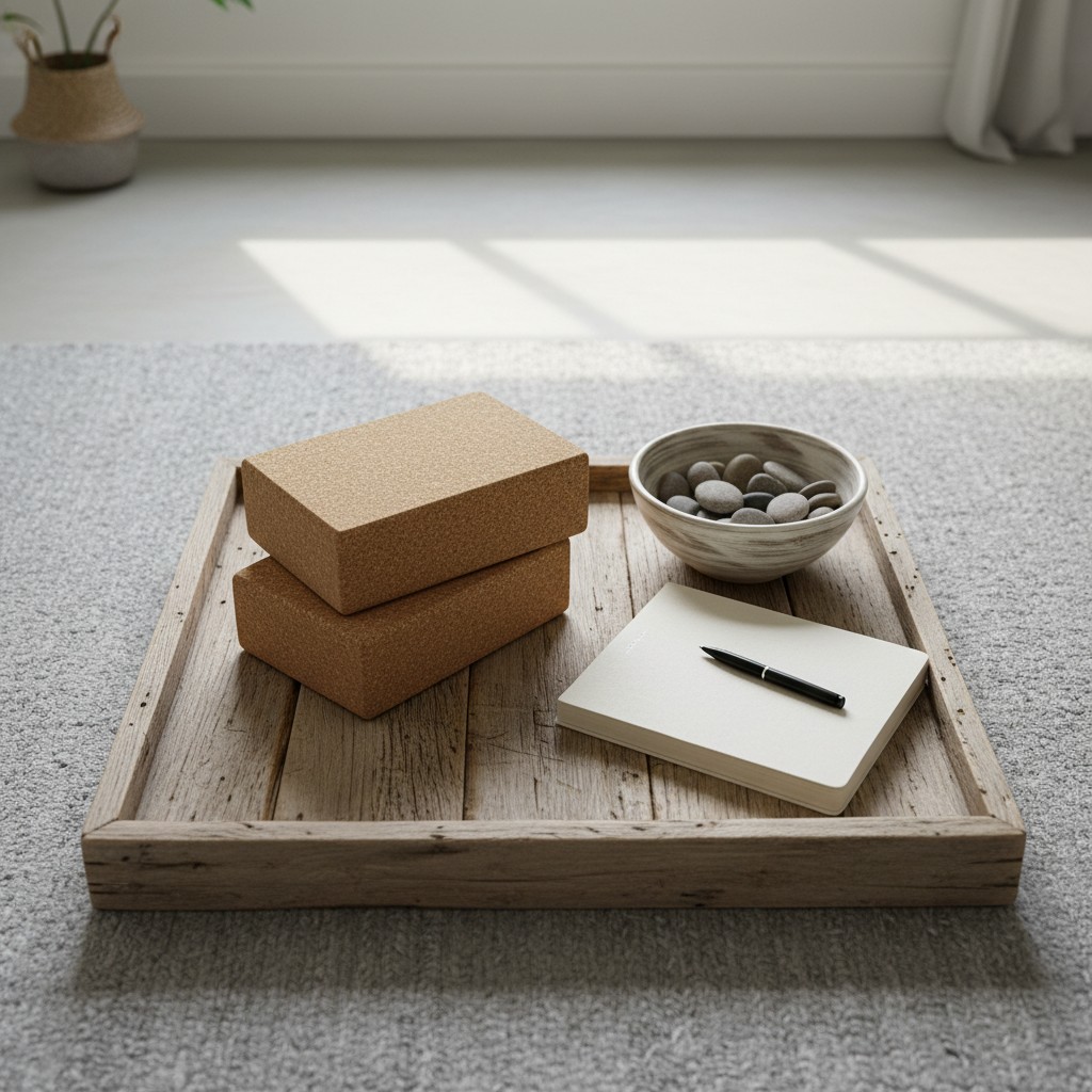 An image of two rectangles made of cork, a bowl of gray stones, and a blank, cream-colored book on a wooden tray.
