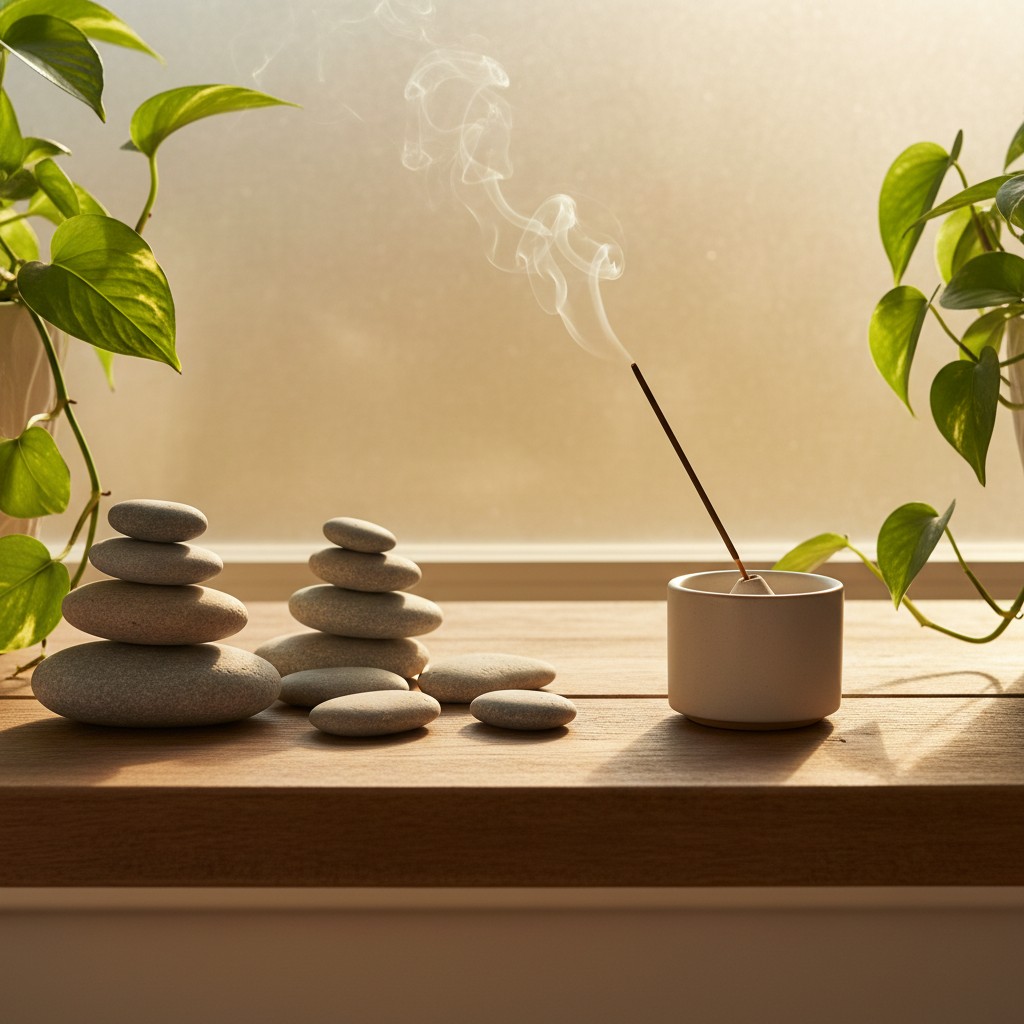 A serene scene featuring an incense stick, small stacked rocks, and pothos plants against a window background.